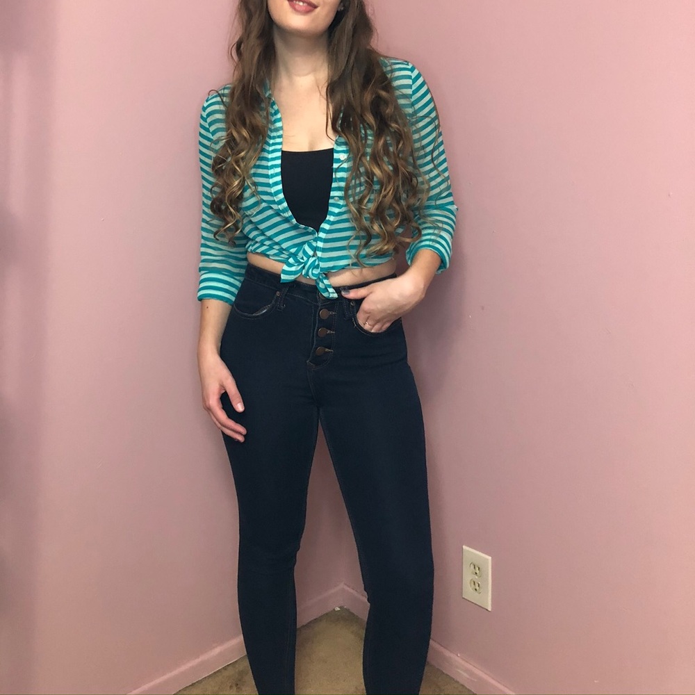 Dual Toned Blue/Green Horizontal Striped Buttonup